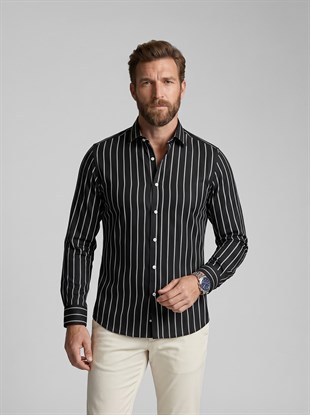 Siyah Beyaz Çizgili Slimfit Erkek Gömlek