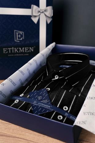 Siyah Beyaz Çizgili Slimfit Erkek Gömlek
