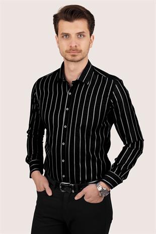 Siyah Beyaz Çizgili Slimfit Erkek Gömlek