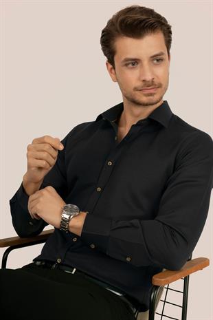Siyah Kahve Düğmeli Slimfit Erkek Gömlek