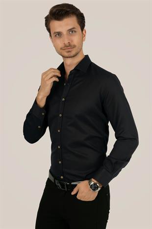Siyah Kahve Düğmeli Slimfit Erkek Gömlek