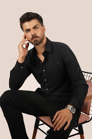 Siyah Kahve Düğmeli Baklava Desen Slimfit Erkek Gömlek