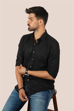 Siyah Kahve Düğmeli Baklava Desen Slimfit Erkek Gömlek