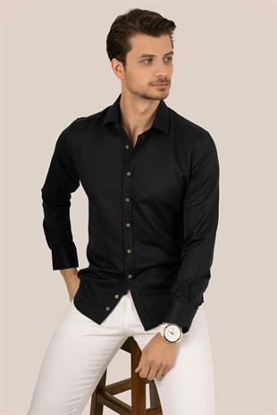 Siyah Kahve Düğmeli Slimfit Erkek Gömlek