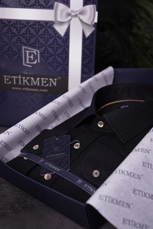 Siyah Kahve Düğmeli Baklava Desen Slimfit Erkek Gömlek