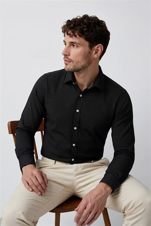 Siyah Nokta Desenli Slimfit Erkek Gömlek