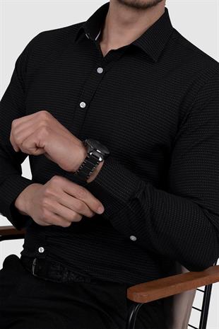 Siyah Nokta Desenli Slimfit Erkek Gömlek