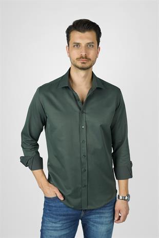 Yeşil Saten Slimfit Erkek Gömlek