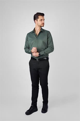 Yeşil Saten Slimfit Erkek Gömlek