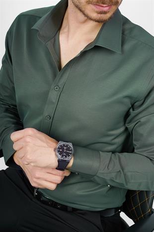 Yeşil Saten Slimfit Erkek Gömlek