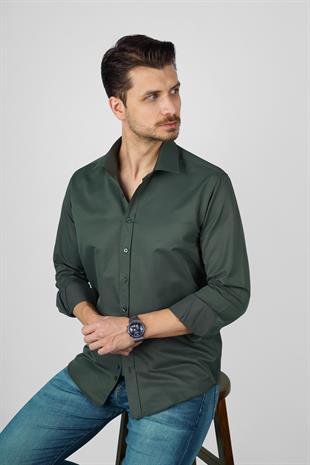 Yeşil Saten Slimfit Erkek Gömlek