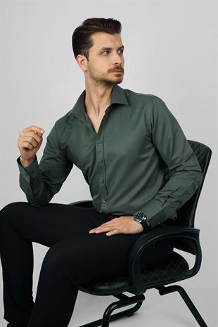 Yeşil Saten Slimfit Erkek Gömlek