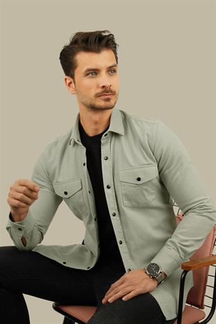 Açık Taş Rengi Slimfit Gerçek Kot Erkek Gömlek