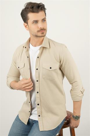 Bej Slimfit Gerçek Kot Erkek Gömlek