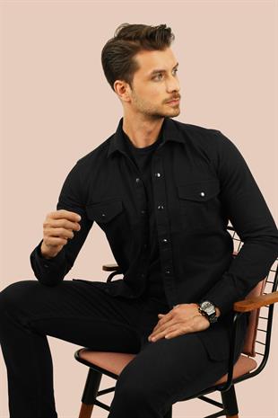 Siyah Slimfit Gerçek Kot Erkek Gömlek