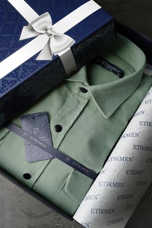 Su Yeşili Slimfit Gerçek Kot Erkek Gömlek