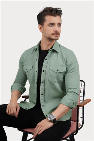 Su Yeşili Slimfit Gerçek Kot Erkek Gömlek