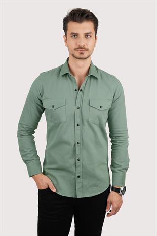 Su Yeşili Slimfit Gerçek Kot Erkek Gömlek