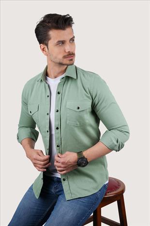 Su Yeşili Slimfit Gerçek Kot Erkek Gömlek