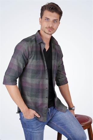 Yeşil Lila Geçişli Slimfit Oduncu Erkek Gömlek