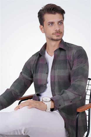 Yeşil Lila Geçişli Slimfit Oduncu Erkek Gömlek