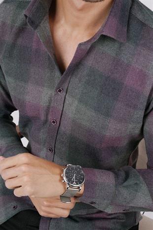 Yeşil Lila Geçişli Slimfit Oduncu Erkek Gömlek