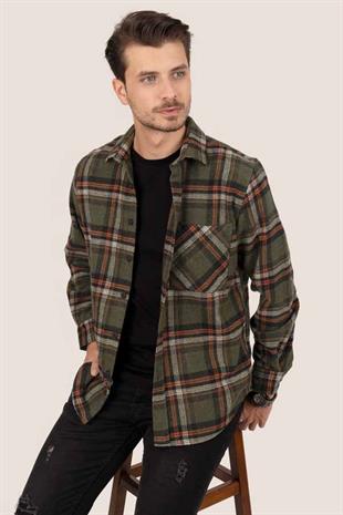 Asker Yeşili Turuncu Oversize Oduncu Erkek Gömlek