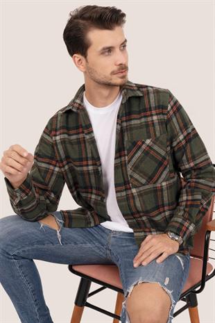 Asker Yeşili Turuncu Oversize Oduncu Erkek Gömlek