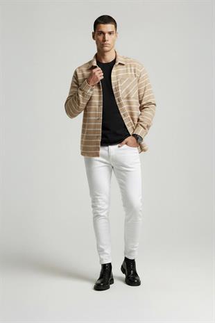 Bej Beyaz Çizgili Oversize Oduncu Erkek Gömlek