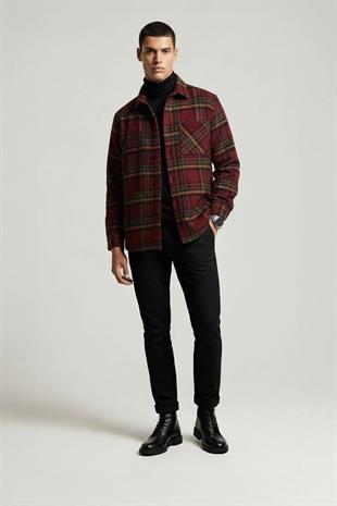 Bordo Sarı Çizgili Oversize Oduncu Erkek Gömlek