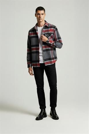 Dağ Grisi Kırmızı Çizgili Oversize Oduncu Erkek Gömlek