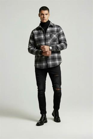 Gri Beyaz Geçişli Oversize Oduncu Erkek Gömlek