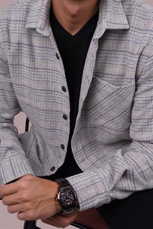 Gri Hasır Desenli Oversize Oduncu Erkek Gömlek