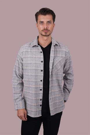 Gri Hasır Desenli Oversize Oduncu Erkek Gömlek