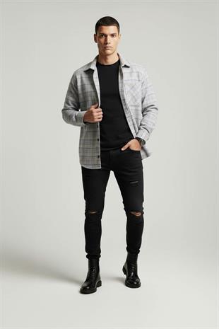 Gri Hasır Desenli Oversize Oduncu Erkek Gömlek