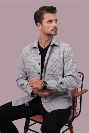 Gri Hasır Desenli Oversize Oduncu Erkek Gömlek