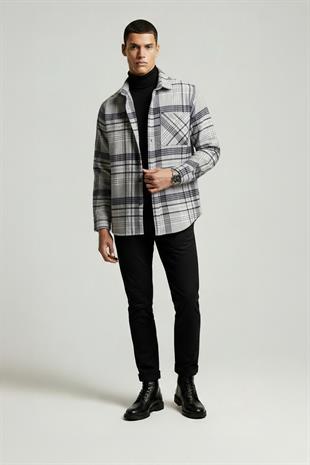 Gri Lacivert Çizgili Oversize Oduncu Erkek Gömlek