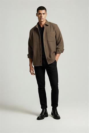 Kahverengi Düz Oversize Oduncu Erkek Gömlek
