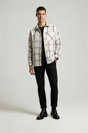 Kemik Beyaz Çizgili Oversize Oduncu Erkek Gömlek