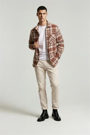 Kiremit Beyaz Çizgili Oversize Oduncu Erkek Gömlek