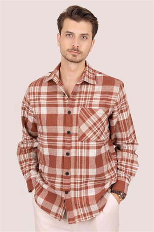 Kiremit Beyaz Çizgili Oversize Oduncu Erkek Gömlek