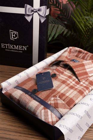 Kiremit Beyaz Çizgili Oversize Oduncu Erkek Gömlek