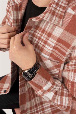 Kiremit Beyaz Çizgili Oversize Oduncu Erkek Gömlek