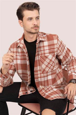 Kiremit Beyaz Çizgili Oversize Oduncu Erkek Gömlek