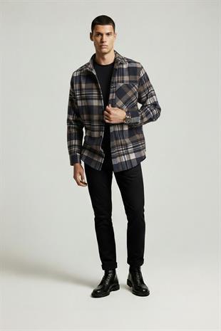 Lacivert Kahve Geçişli Oversize Oduncu Erkek Gömlek