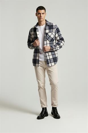 Lacivert Beyaz Geçişli Oversize Oduncu Erkek Gömlek