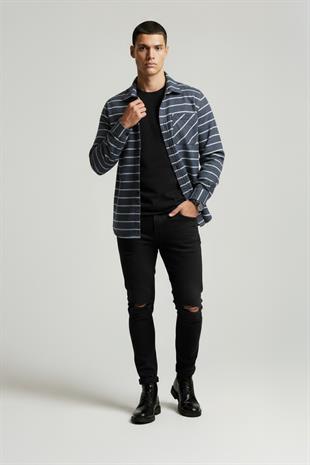 Mavi Beyaz Çizgili Oversize Oduncu Erkek Gömlek