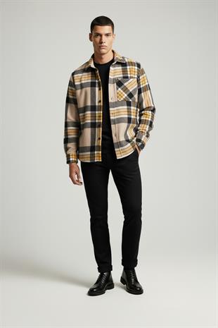 Sarı Siyah Geçişli Oversize Oduncu Erkek Gömlek