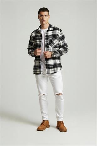 Siyah Beyaz Geçişli Oversize Oduncu Erkek Gömlek