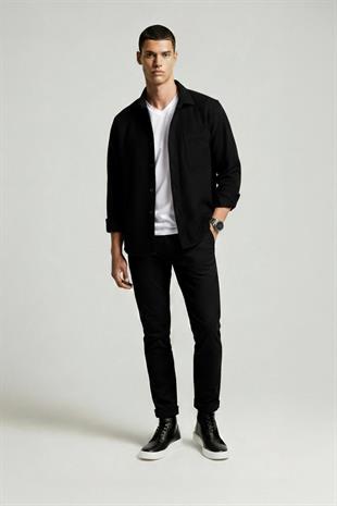 Siyah Düz Oversize Oduncu Erkek Gömlek